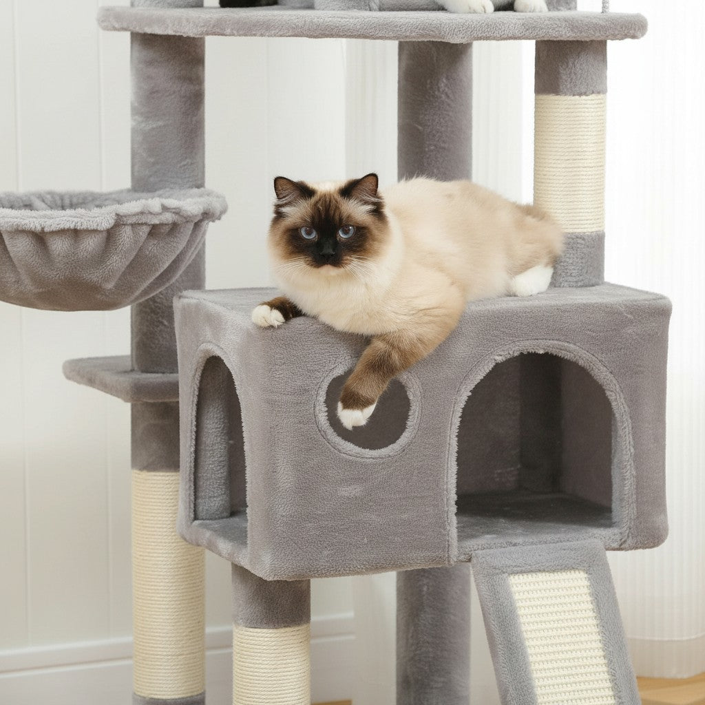 Arbre à chat Esprit Chat gris à plusieurs niveaux avec condo, perchoirs et poteaux à griffer en sisal pour chat