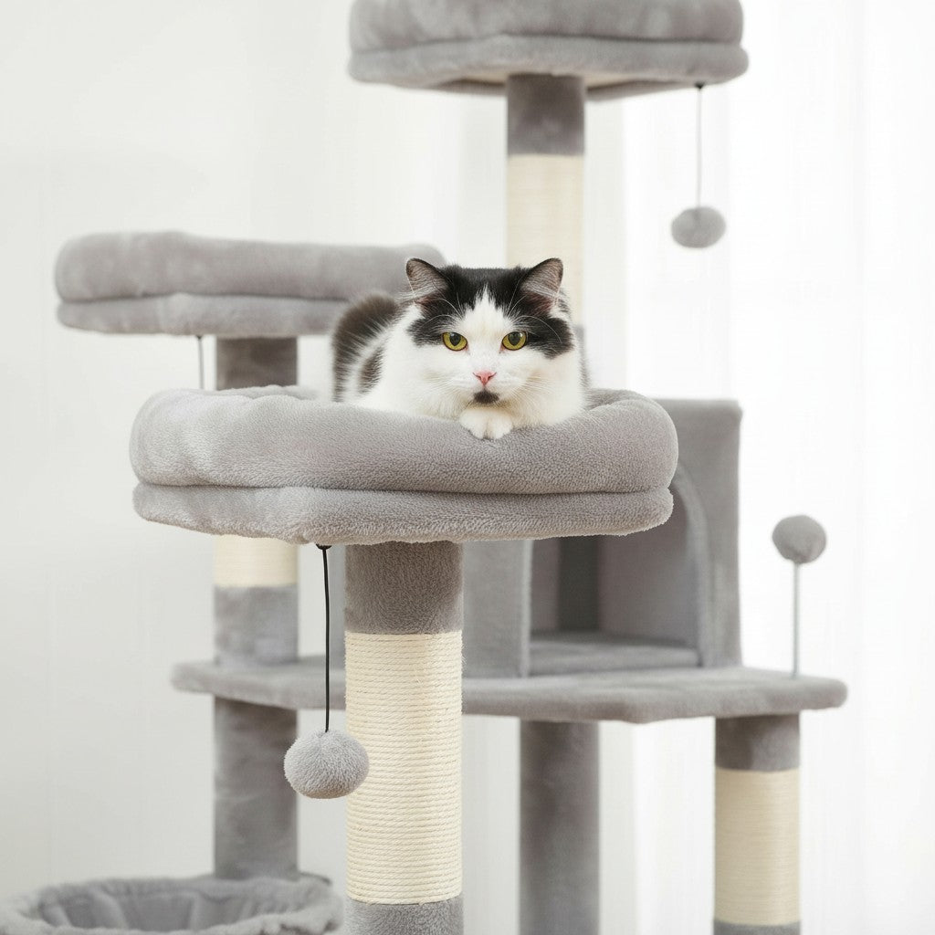 Arbre à chat Esprit Chat multi-niveaux gris avec griffoirs en sisal, perchoirs rembourrés et chat noir et blanc.