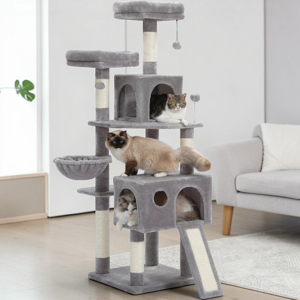 Arbre à chat Esprit Chat gris multi-niveaux avec griffoirs en sisal, niches confortables et perchoirs pour chats