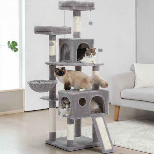 Arbre à chat Esprit Chat gris multi-niveaux avec griffoirs en sisal, niches confortables et perchoirs pour chats