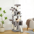Arbre à chat multi-niveaux Esprit Chat gris avec griffoirs, plateformes, niches et jouets suspendus pour chats