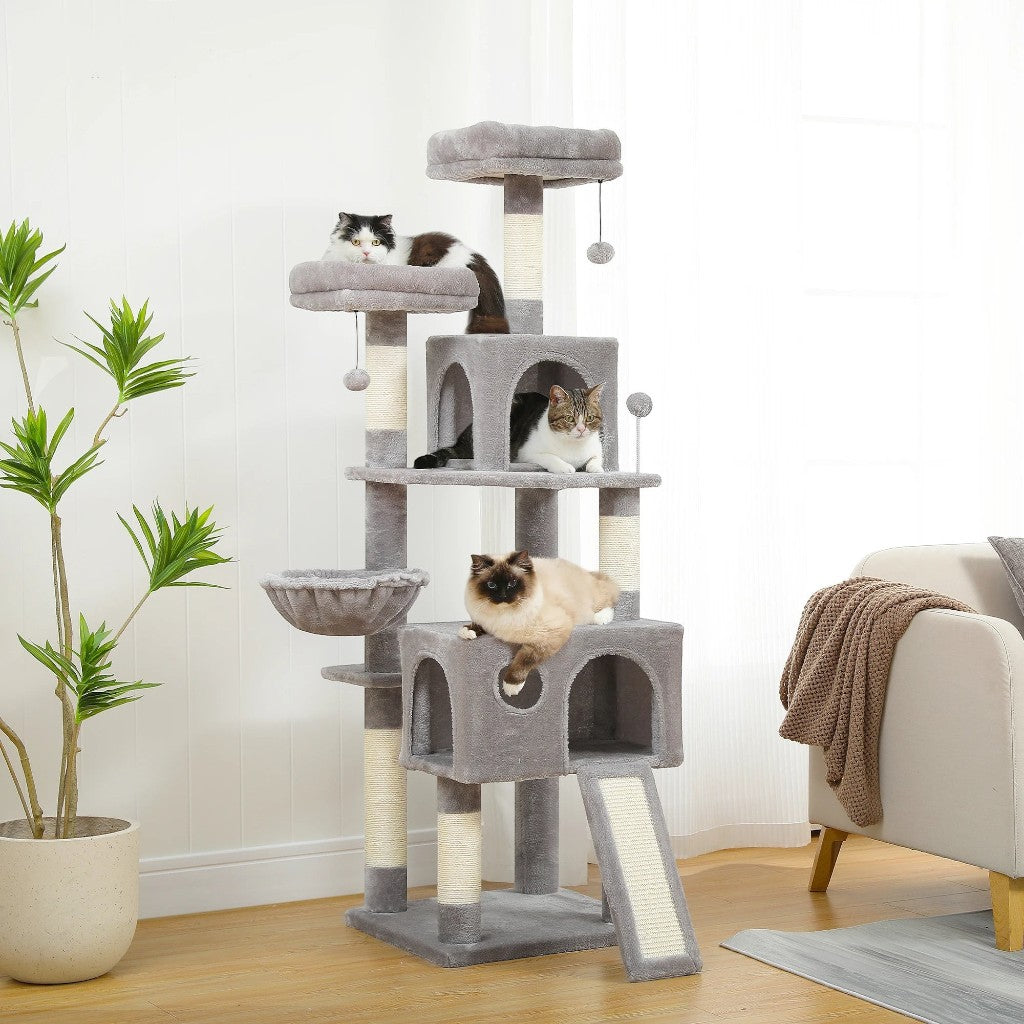 Arbre à chat multi-niveaux Esprit Chat gris avec griffoirs, plateformes, niches et jouets suspendus pour chats