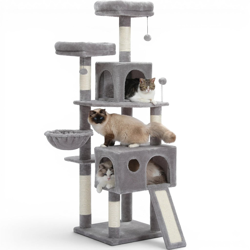 Arbre à chat Esprit Chat gris multi-niveaux avec griffoirs, niches et plateformes pour le repos et le jeu des chats