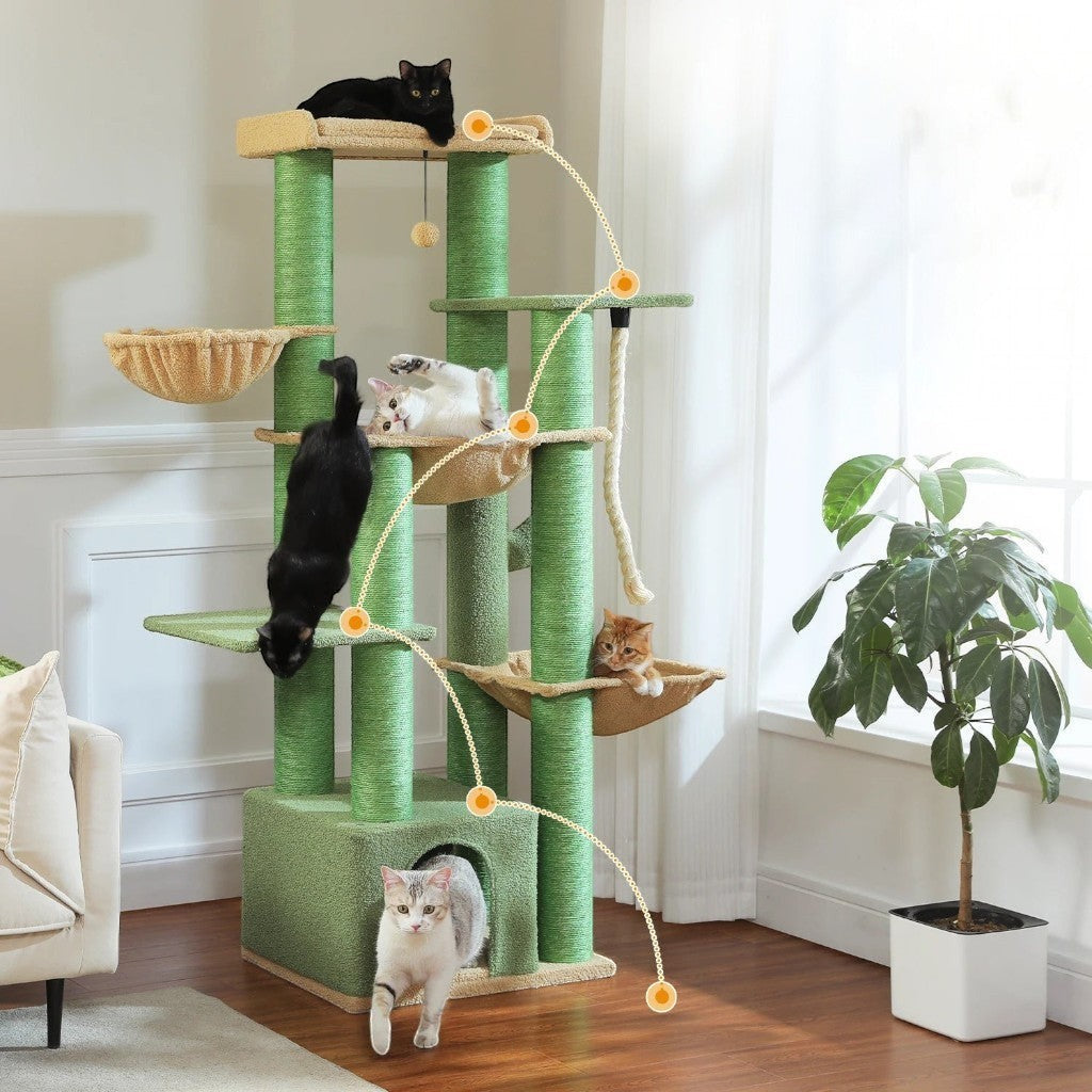 Arbre à chat multi-niveaux Esprit Chat vert et beige avec griffoirs en sisal, hamacs et plateforme pour grands chats