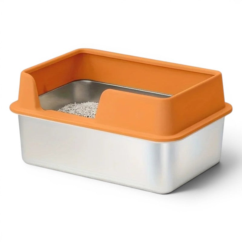 Bac à litière Esprit Chat en acier inoxydable avec rebord orange anti-projections pour chat
