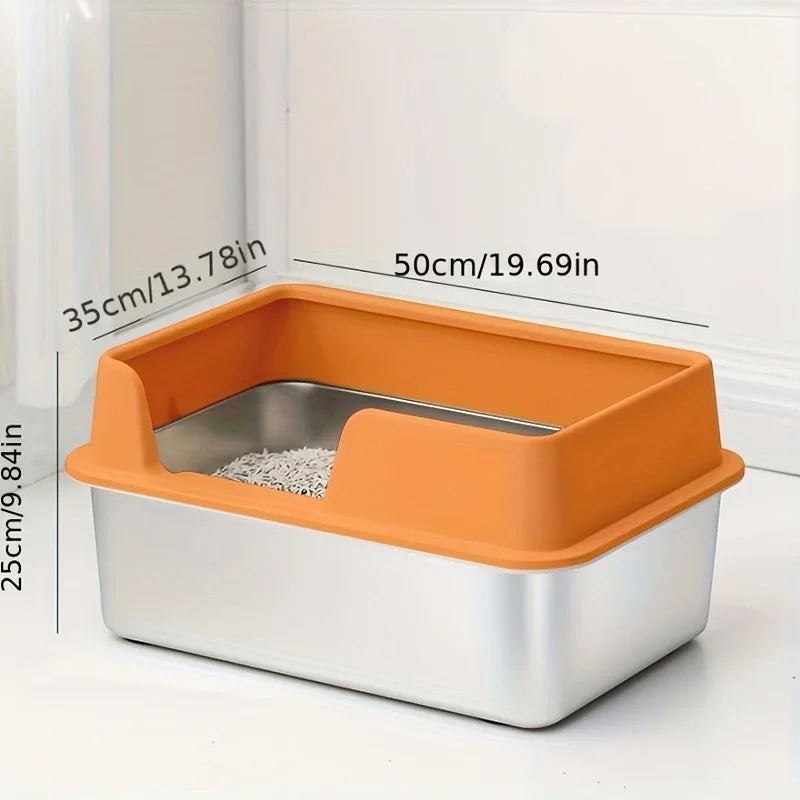 Bac à litière Esprit Chat semi-ouvert en acier inoxydable avec rebord haut orange pour chat