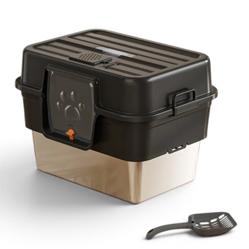 Bac à litière Esprit Chat rectangulaire en acier inoxydable et plastique noir avec porte battante et pelle incluse
