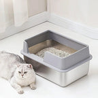 Bac à litière Esprit Chat en acier inoxydable avec rebords hauts gris, idéal pour chat à l'intérieur