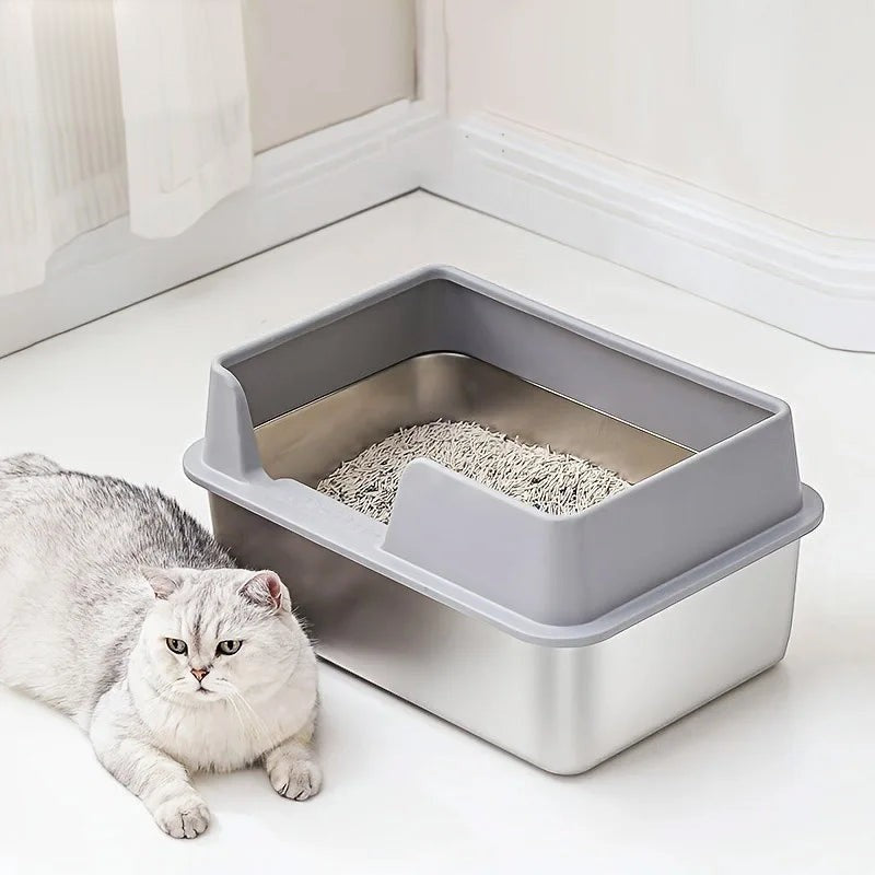 Bac à litière Esprit Chat en acier inoxydable avec rebords hauts gris, idéal pour chat à l'intérieur