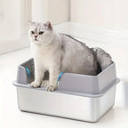 Bac à litière Esprit Chat semi-ouvert en acier inoxydable avec rebords hauts pour chat