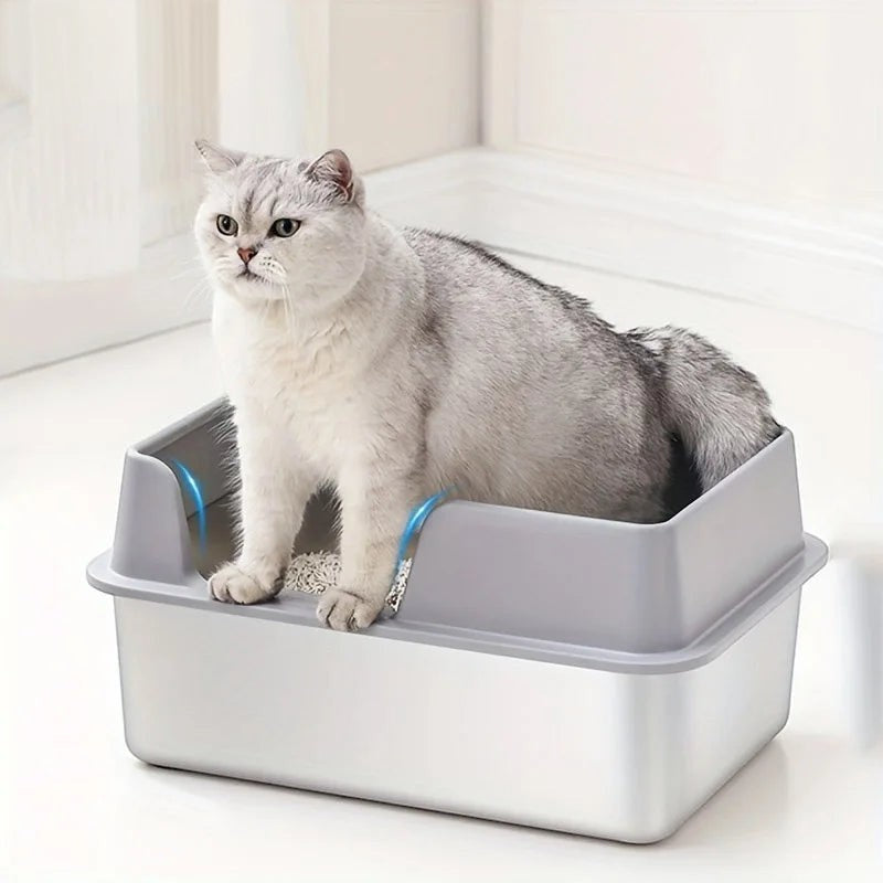 Bac à litière Esprit Chat semi-ouvert en acier inoxydable avec rebords hauts pour chat