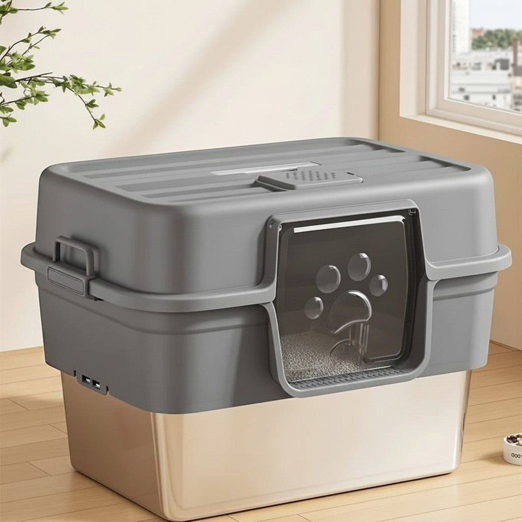 Bac à litière Esprit Chat rectangulaire semi-fermé avec base en acier inoxydable et couvercle gris