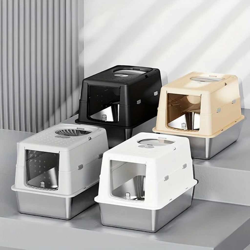 Bac à litière Esprit Chat en acier inoxydable avec couvercle fermé, disponible en plusieurs coloris modernes.