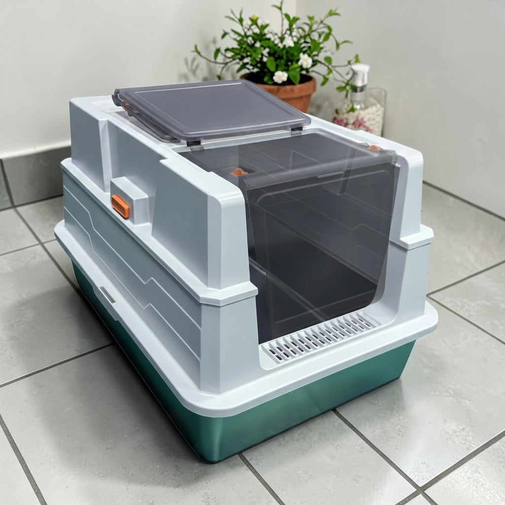 Grand bac à litière Esprit Chat en acier inoxydable avec couvercle gris et design moderne pour chat