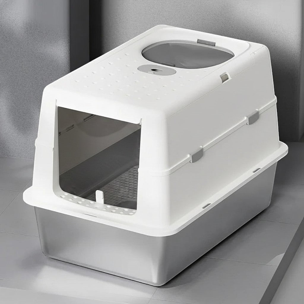 Bac à litière Esprit Chat avec couvercle blanc et base en acier inoxydable pour chat