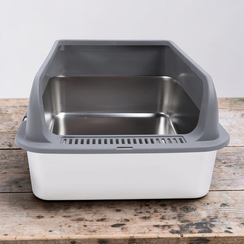 Bac à litière Esprit Chat semi-fermé en acier inoxydable avec rebords hauts gris et blanc pour chat