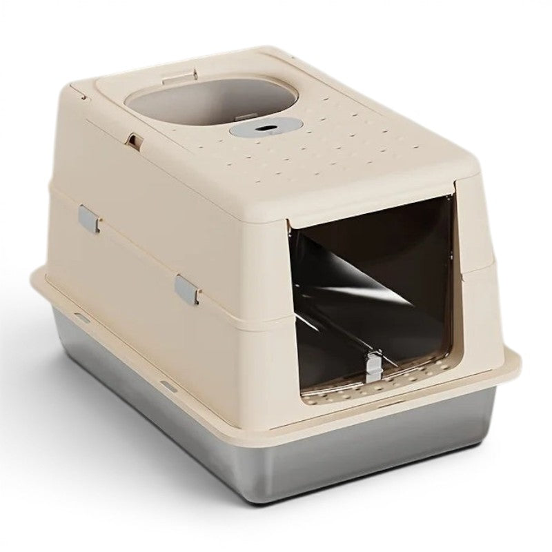Bac à litière Esprit Chat en acier inoxydable avec couvercle beige et entrée frontale pour chat