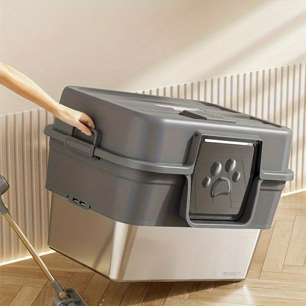 Bac à litière Esprit Chat grand format semi-fermé en acier inoxydable et plastique gris avec porte à motif patte
