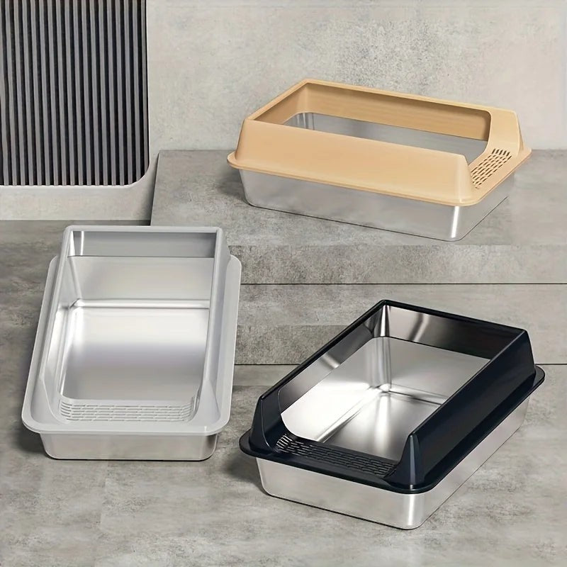 Bac à litière Esprit Chat en acier inoxydable avec rebord coloré pour chat