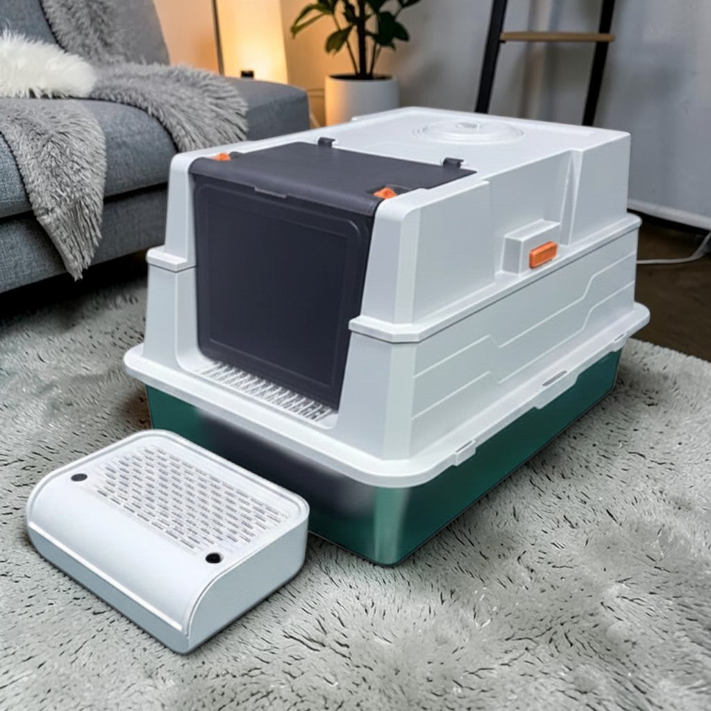 Grand bac à litière Esprit Chat fermé en acier inoxydable avec couvercle blanc et marchepied amovible