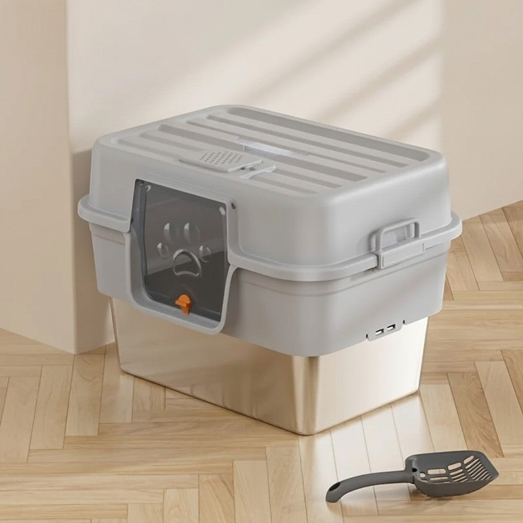 Bac à litière Esprit Chat grand format semi-fermé avec bac en acier inoxydable et couvercle gris