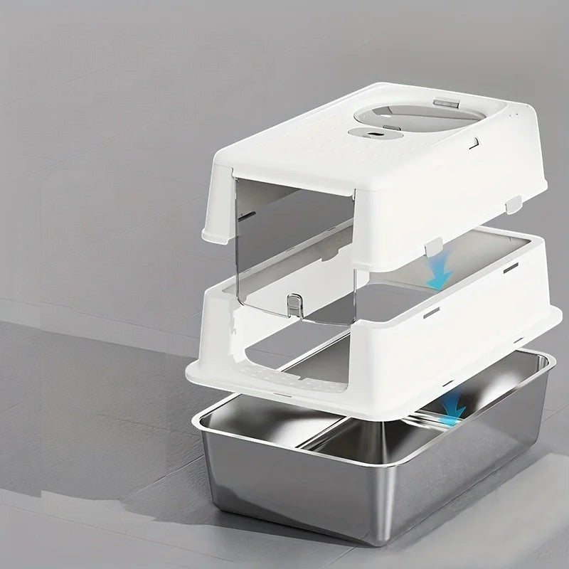 Bac à litière Esprit Chat en acier inoxydable avec couvercle blanc amovible et design modulaire empilable