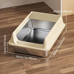Bac à litière Esprit Chat en acier inoxydable avec rebord beige, design ouvert et durable pour chats