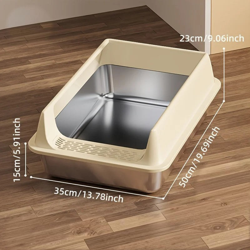 Bac à litière Esprit Chat en acier inoxydable avec rebord beige, design ouvert et durable pour chats