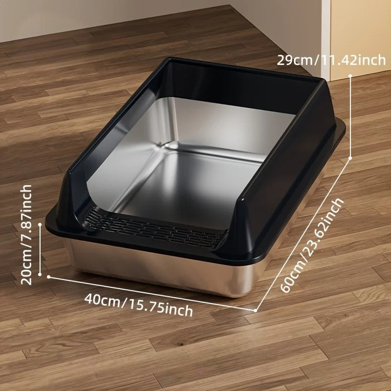 Bac à litière Esprit Chat en acier inoxydable avec rebord noir, design ouvert et durable pour chats