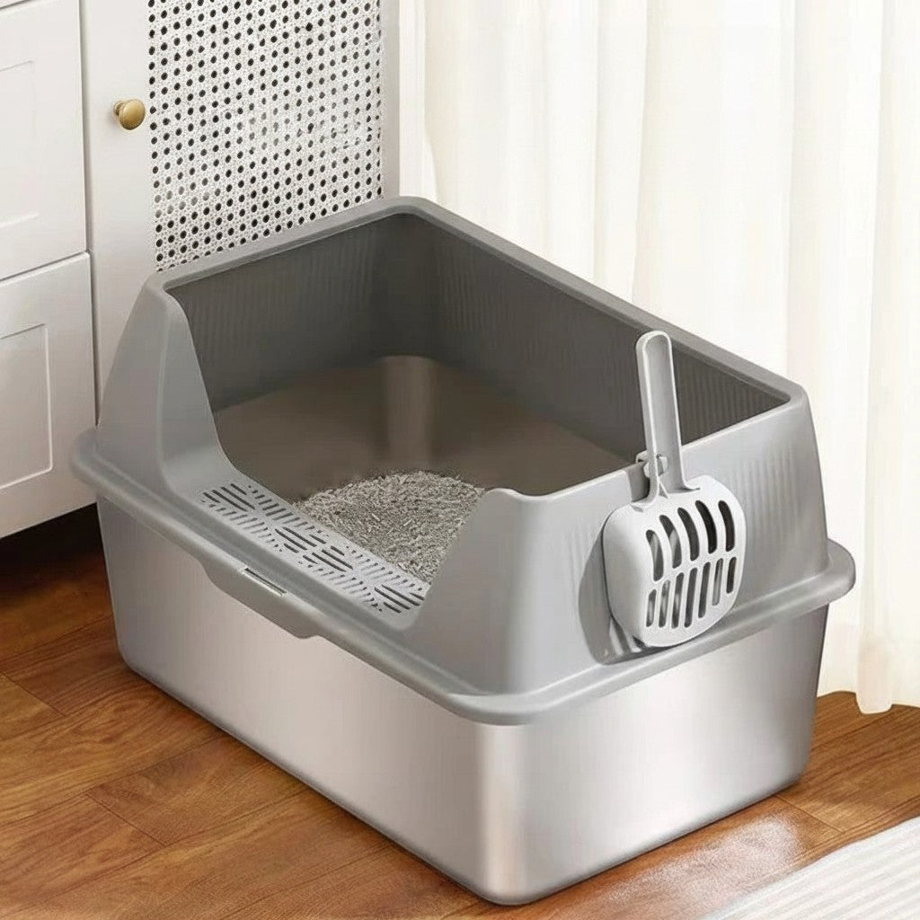Bac à litière semi-fermé Esprit Chat en acier inoxydable gris avec pelle intégrée pour chat