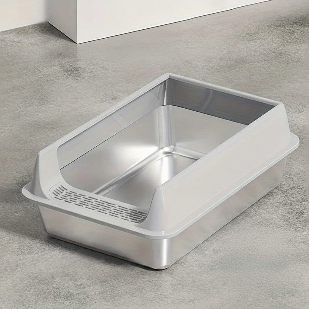 Bac à litière Esprit Chat en acier inoxydable avec rebord gris, design ouvert et durable pour chats