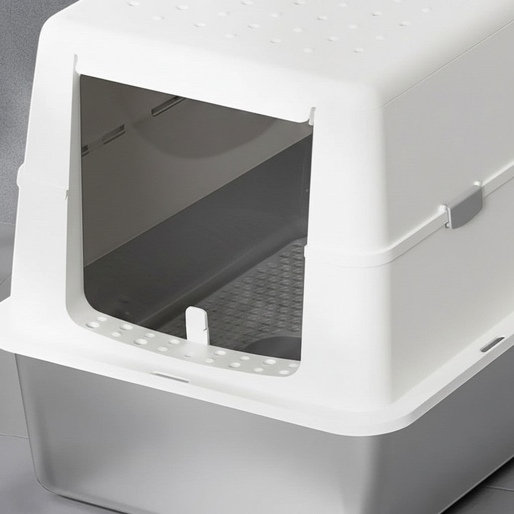 Bac à litière Esprit Chat en acier inoxydable avec couvercle blanc amovible et entrée spacieuse pour chat