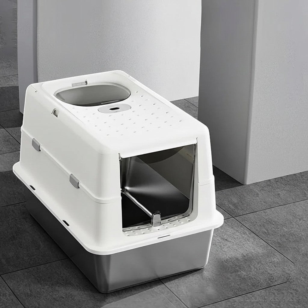 Bac à litière Esprit Chat en acier inoxydable avec couvercle blanc et entrée frontale pour chat