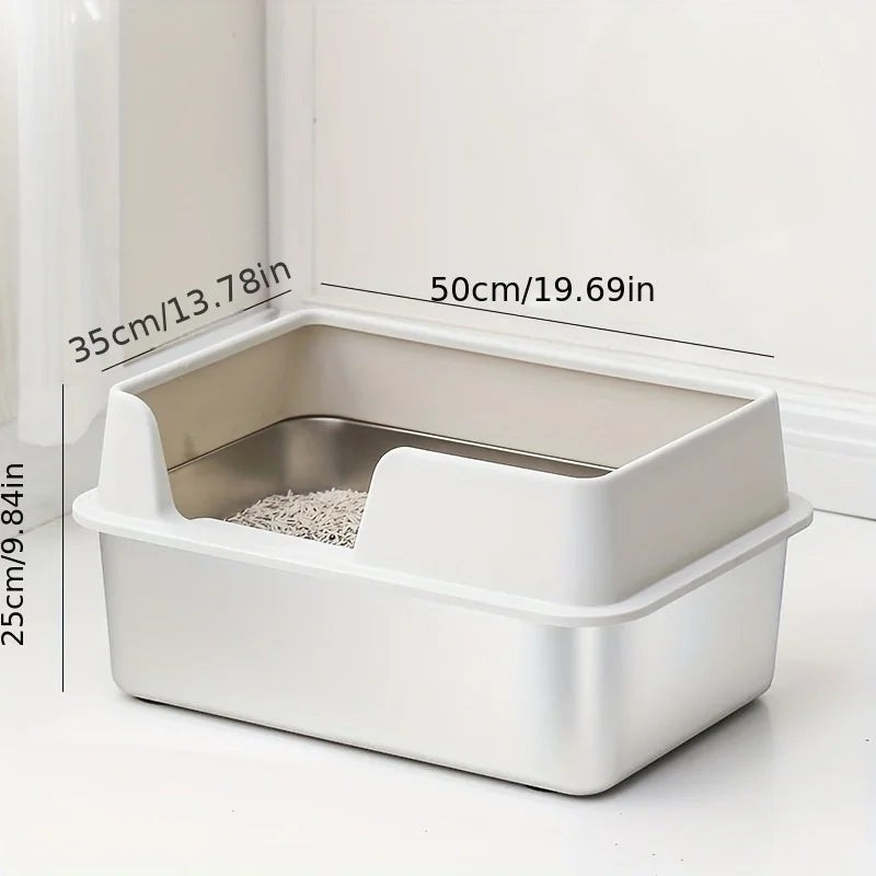 Bac à litière Esprit Chat blanc semi-fermé avec bac intérieur en acier inoxydable et rebords hauts anti-projections