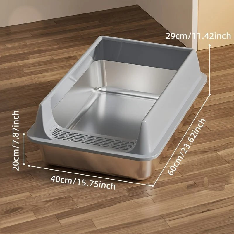 Bac à litière Esprit Chat en acier inoxydable avec rebords gris, design ouvert et durable pour chats