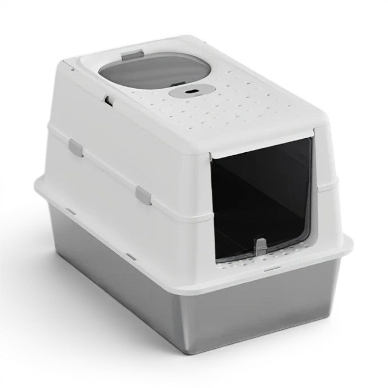 Bac à litière fermé Esprit Chat en acier inoxydable avec couvercle blanc et porte battante pour chat