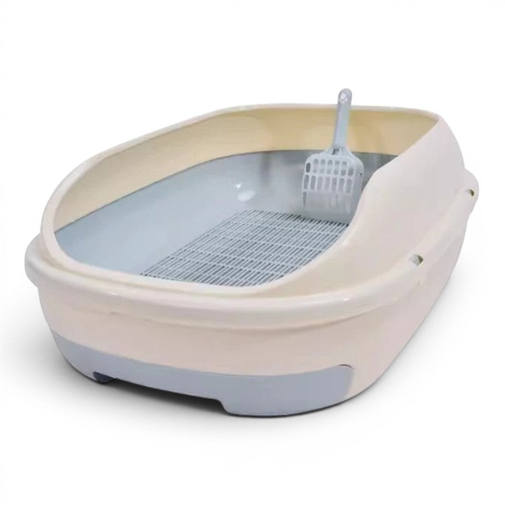 Bac à litière Esprit Chat semi-fermé à double couche avec grille et pelle, design anti-éclaboussures en plastique PP
