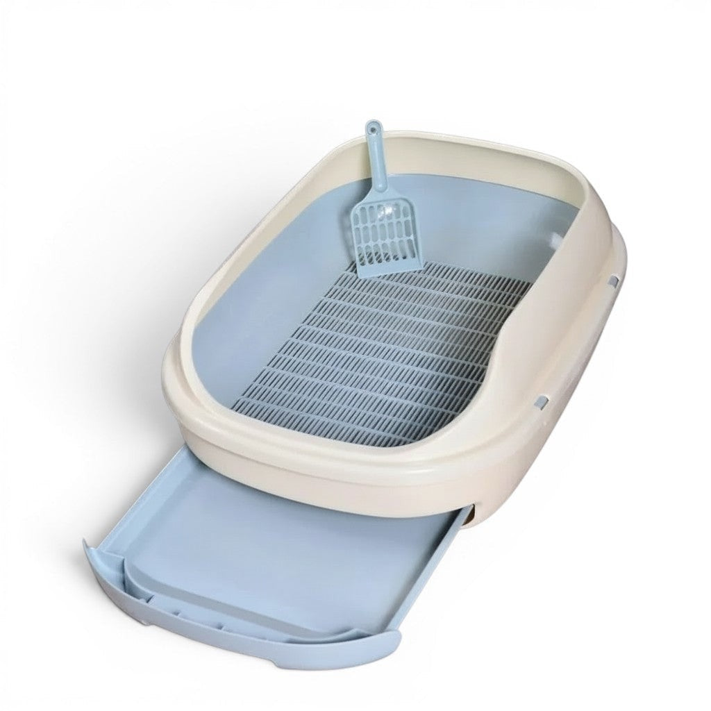 Bac à litière Esprit Chat semi-fermé à double couche avec tiroir coulissant bleu et beige et pelle incluse