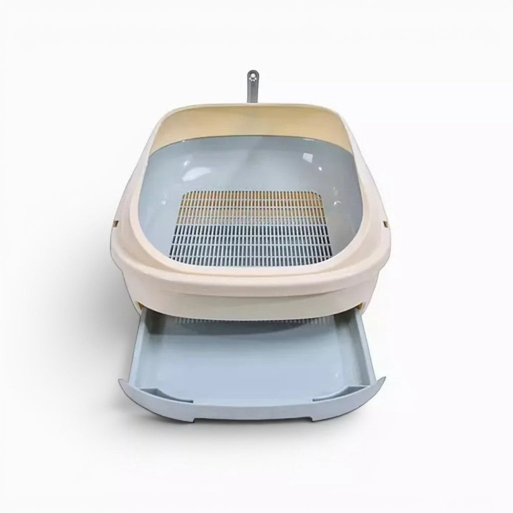 Bac à litière Esprit Chat semi-fermé à double couche avec tiroir coulissant et pelle, en plastique PP bleu et beige