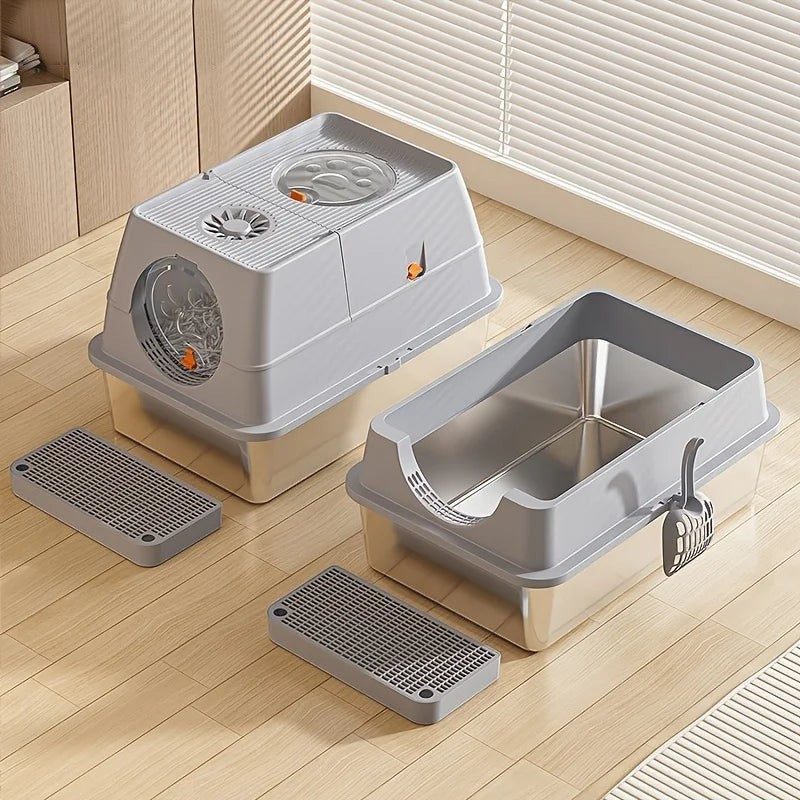 Bac à litière fermé Esprit Chat en plastique gris avec bac intérieur en acier inoxydable et tapis de sortie