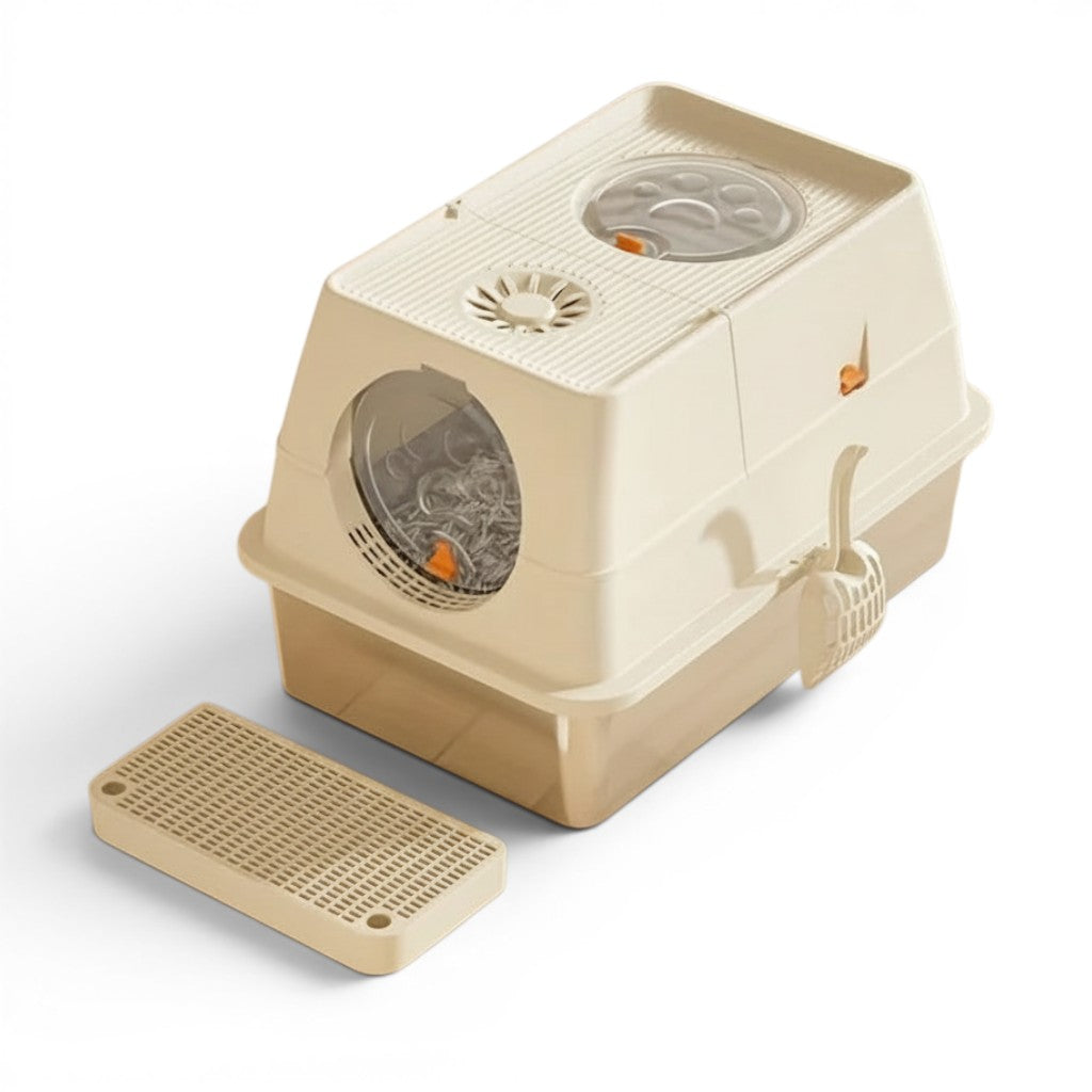 Bac à litière fermé Esprit Chat en plastique beige avec pelle et tapis de sortie pour chat