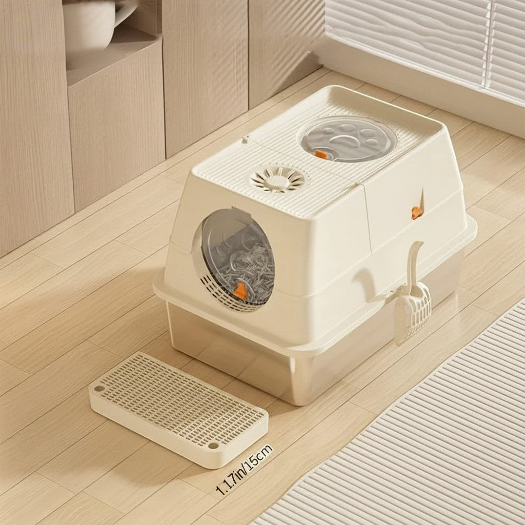 Bac à litière fermé Esprit Chat en plastique beige avec porte ronde, pelle et tapis de sortie pour chat