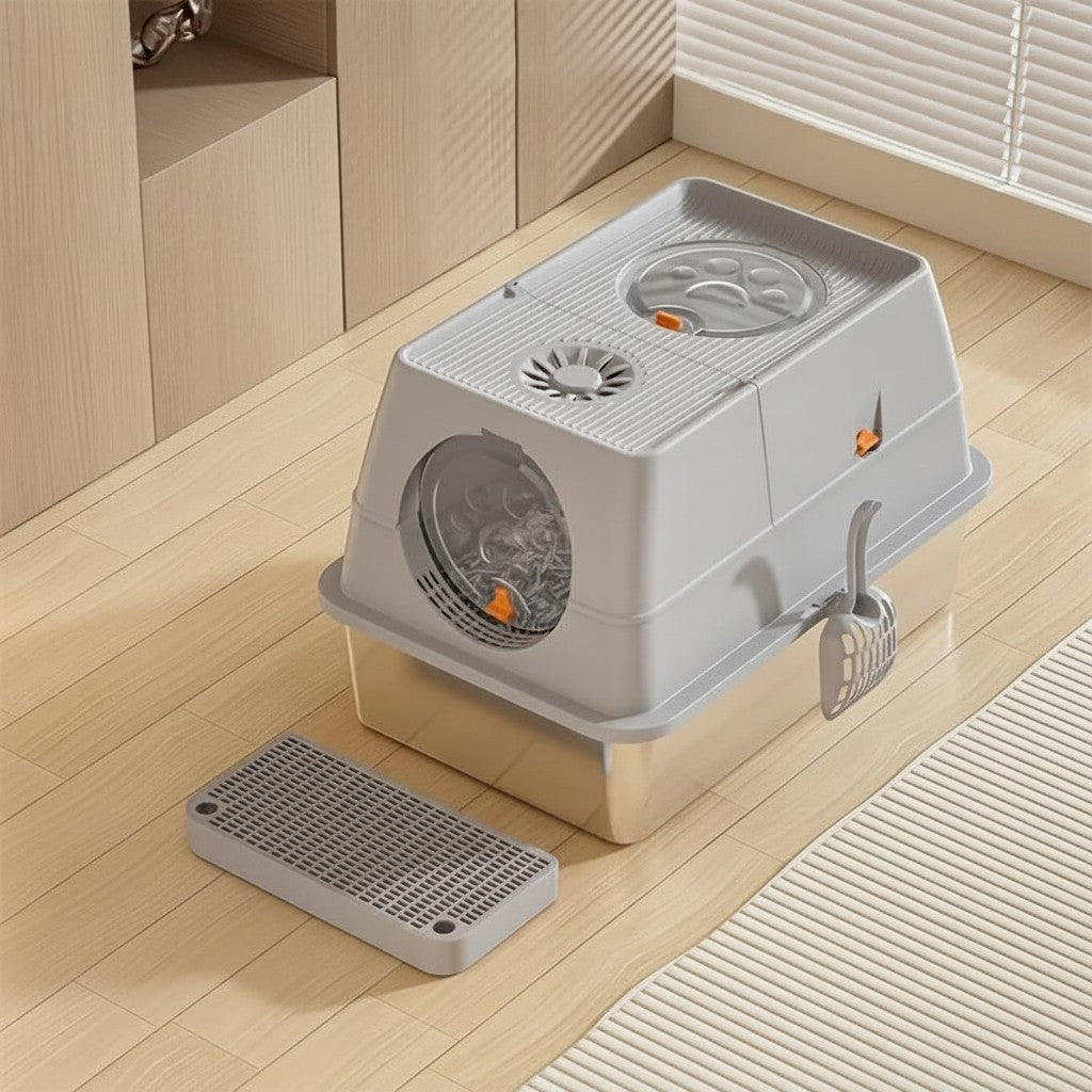 Bac à litière fermé Esprit Chat en plastique gris avec pelle et tapis de sortie, design moderne pour chat