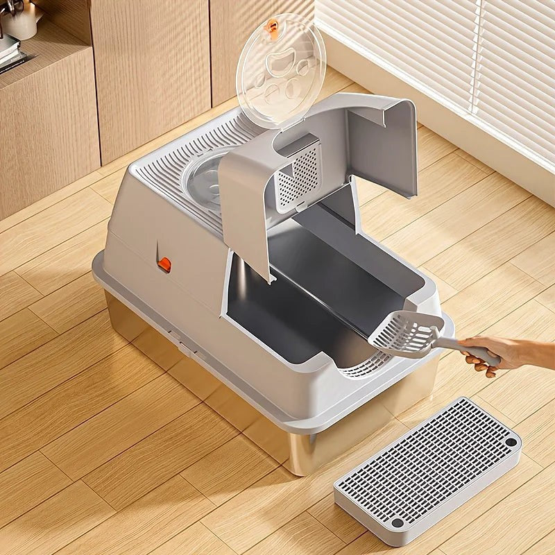 Bac à litière fermé Esprit Chat en plastique gris avec pelle et tapis de sortie pour chat