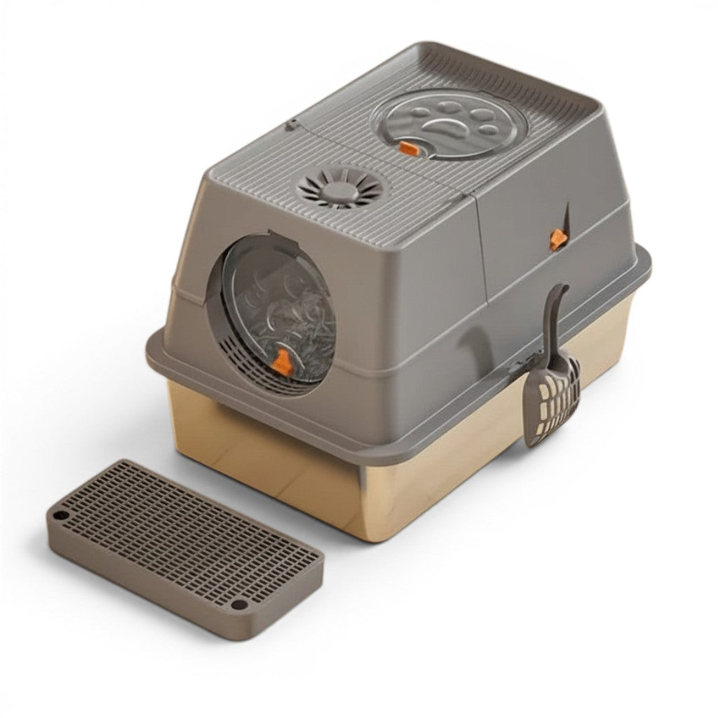 Bac à litière fermé Esprit Chat gris en plastique avec porte ronde, pelle et tapis de sortie pour chat
