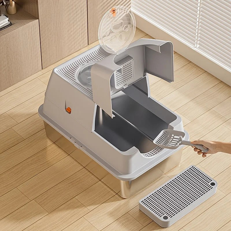 Bac à litière fermé Esprit Chat en plastique gris avec pelle et tapis de sortie, design moderne et pratique