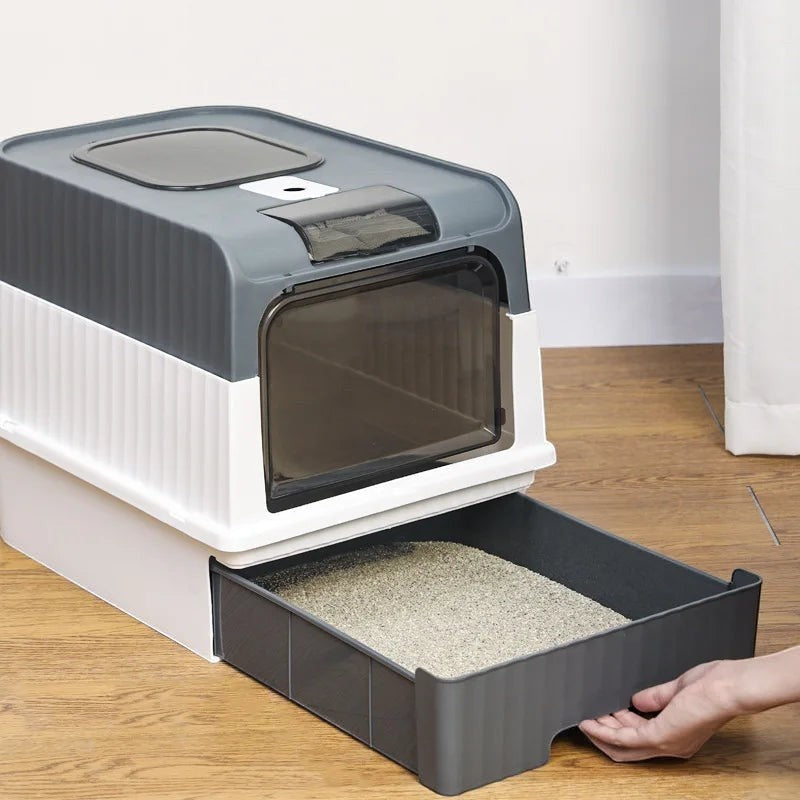 Bac à litière Esprit Chat fermé en plastique gris et blanc avec tiroir coulissant anti-projection