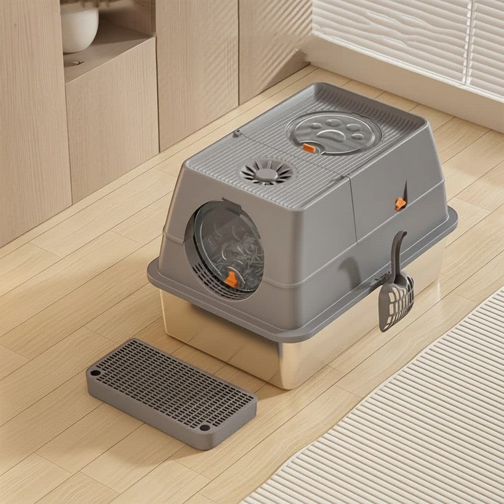 Bac à litière fermé Esprit Chat en plastique gris avec pelle et tapis de sortie pour chat
