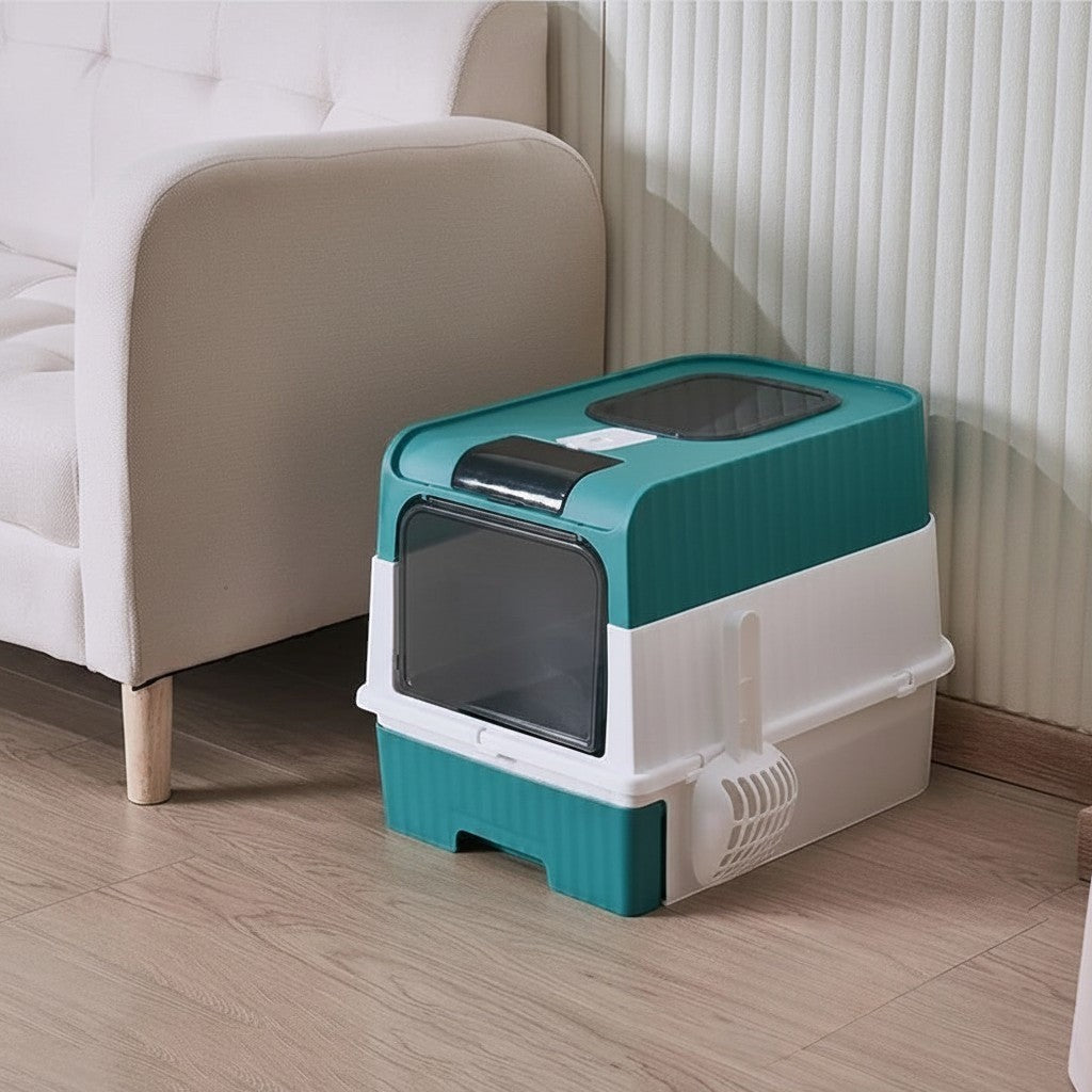 Bac à litière Esprit Chat fermé en plastique vert et blanc avec filtre anti-odeurs pour chat