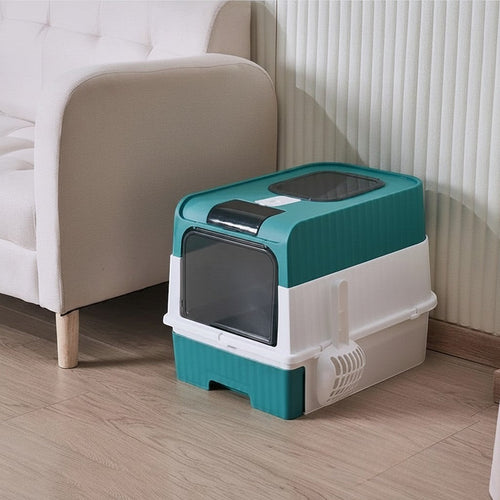 Bac à litière Esprit Chat fermé en plastique vert et blanc avec filtre anti-odeurs pour chat